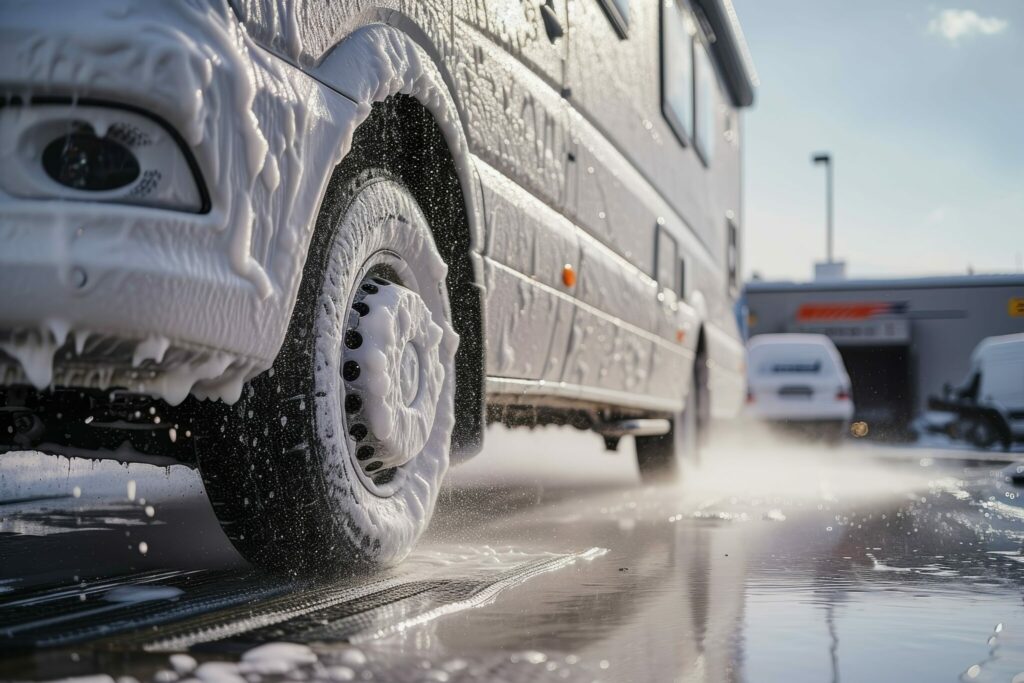 campervan wheel covered in soap
