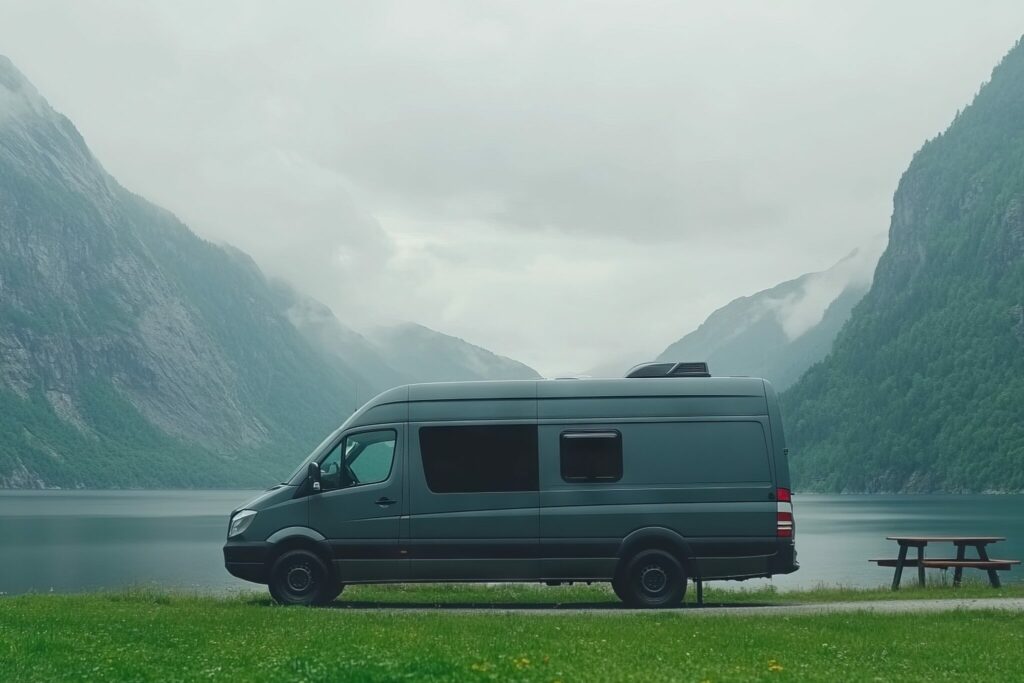 campervan parked by lake with mountains